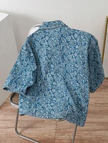 Manfinity Joysei Men's Casual Street Style Blue Denim Printed Short Sleeve Shirt - Medium Wash - View 2