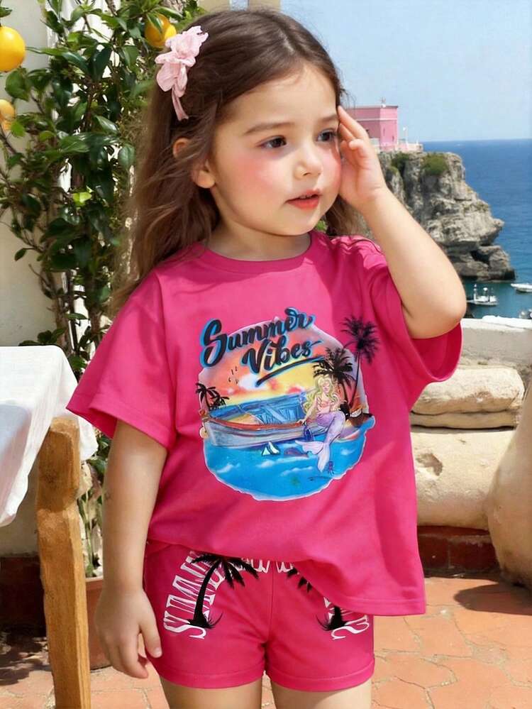 Young Girl Letter Graphic Tee & Shorts, School, Campus, College