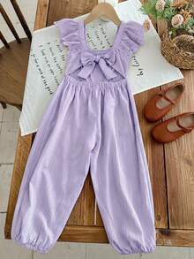 SHEIN X Scheana LMoss Kids Bộ áo liền quần dệt kim màu trơn có bèo nhún ở gấu dành cho bé gái - Màu tím hoa cà - Xem 3
