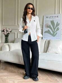 SHEIN EZwear 女士休闲百搭黑骑士马标志刺绣前扣后抽绳腰部修身长袖衬衫，适合秋冬季，百搭风格 - 彩色 - 查看 6