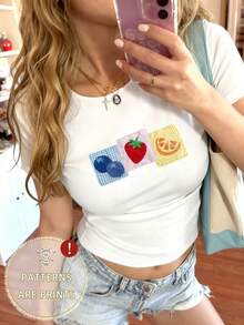 SHEIN Áo thun ngắn tay cổ tròn ôm dáng in hình trái cây phong cách Y2K dành cho nữ - trắng - Xem 3