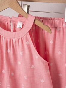 SHEIN Tween Girls' Blue Vacation Style Comfortable Halter Neck Shirt + Pants Set, Embroidery & Placement Print Bohemian Style, Suitable For Beach Holiday - Pink - View 6