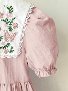 SHEIN Tween Girl Loose Casual Petal Sleeve Floral Pattern Embroidered Midi Dress Tween Girl - Pink - View 2