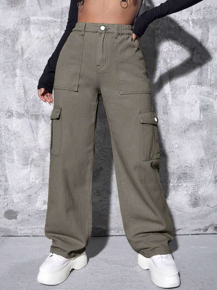 SHEIN ICON Celana Kargo Denim Washed Kasual Ukuran Besar dengan Pinggang Elastis - Hijau Tentara - View 1