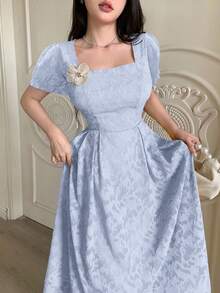 Modelyn Cut-Out Waist Flared Dress With 3D Floral Decor For Women - Baby Blue - View 3