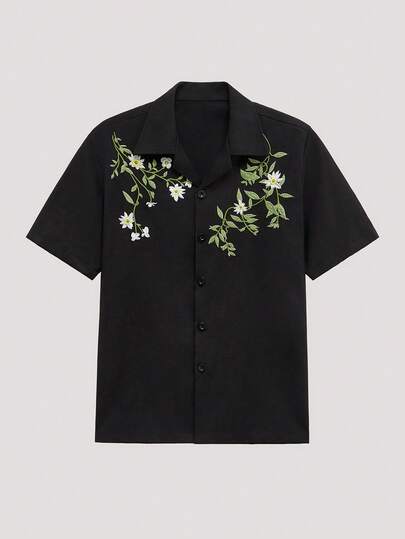 Open Phase 男士休闲刺绣衬衫，花卉和叶子刺绣图案，年轻时尚，复古，适合日常穿着