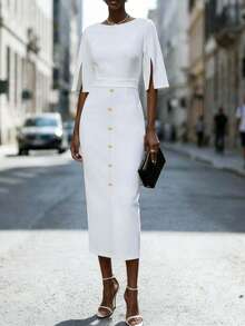 Balvessa Vestido elegante de Body ceñido con botones, cintura dividida y cinco mangas, adecuado para uso diario, vacaciones, salidas y fiestas, primavera/verano - Blanco - Ver 3