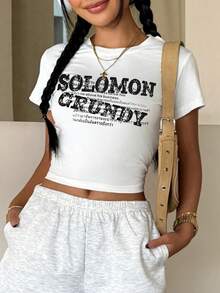 INAWLY Women's Minimalist Print Short Sleeve Crew Neck Cropped T-Shirt - White - View 4