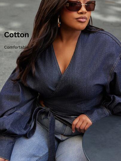 NYA SZN Top Plus Curve Long Sleeve Oversized Denim Crop Wrap Tie Detail Everyday Casual Business Casual Office Teacher Modest Church Night Out Spring Summer Layering Suitable For Commuting Statement Valentines Day Outfits For Women