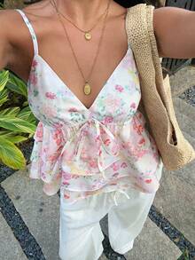 SHEIN SunnyBelle Áo hai dây nữ mùa xuân/hè màu hồng họa tiết hoa nhí, cổ chữ V sâu, thắt nơ trang trí, thích hợp cho đi biển, nghỉ mát, du lịch, hẹn hò lãng mạn, áo không tay phối màu hoa nhí. - Màu Hồng baby - Xem 5