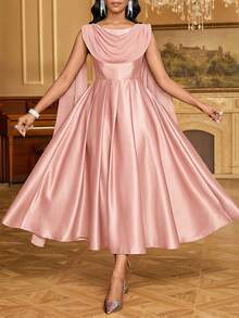 SHEIN Lady 女士纯色优雅无袖中长连衣裙 - 淺粉色 - 查看 4