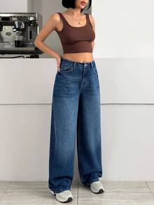 SHEIN LOW WAIST WIDELEG DARK BLUE WASH STREET WEAR JEAN CASUAL - Dark Wash - View 6