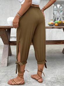 SHEIN CURVE+ Plus Size High Waist Drawstring 7/8 Pants, Spring/Summer - Coffee Brown - View 2