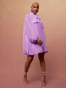 Vixey Đầm chiffon tay phồng và gấu áo cao, cổ giả, thắt nơ. - Màu tím hoa cà - Xem 3