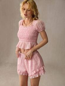 WESTFADE Soft Pink Women's Cottage Core Summer Two Piece Matching Sets,Smocked Neck Puff Sleeve Peplum Top & Tiered Ruffle Shorts,Picnic Boho Western Outfits - Pink - View 6