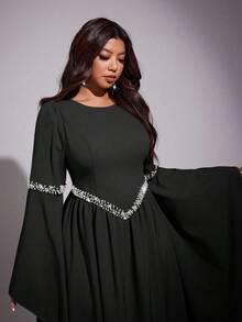 Viva Relle 大码女士优雅浪漫奢华派对/婚礼宾客珍珠装饰圆领收腰长袖喇叭袖口A字长裙（珍珠装饰随机）珍珠装饰连衣裙 女士精美连衣裙 阿拉伯风格连衣裙 女士连衣裙 正式礼服 黑色连衣裙 - 黑色 - 查看 4