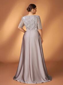 Serin 大码优雅奢华香槟色亮片刺绣拼接缎面不对称领短袖A字连衣裙，适合各种正式场合，新娘母亲礼服 - 香檳色 - 查看 5