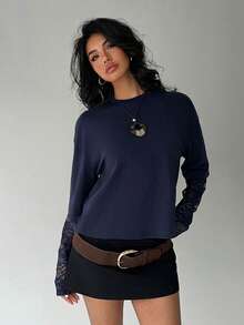 Aloruh Áo thun nữ dáng ôm cổ tròn màu trơn, kiểu dáng thường ngày, phối ren ngọt ngào. - Màu xanh hải quân - Xem 6