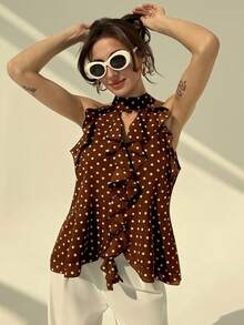 Aloruh Camiseta ajustada con volantes y estampado de lunares bohemio retro para mujer - Café integral - Ver 5