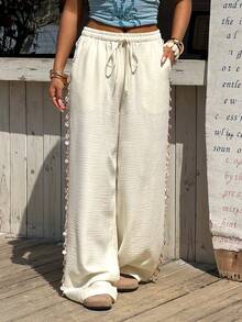Muchica Quần ống rộng dáng suông thắt nút, chất liệu dệt màu mơ dành cho nữ. - Màu be - Xem 5