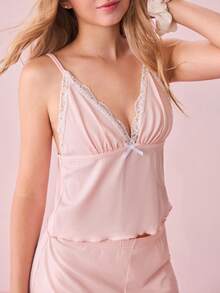 SHEIN 2pcs/Set Women Sexy Spaghetti Strap Top & Shorts Sleepwear Pajama Set Cozy And Elegant Details, Fall Winter Clothes - Dusty Pink - View 4