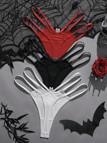 3pcs Women's Panties Set, Black/Red/White Bat Embroidery Thong: Cute Pattern + Thin Strap Design, Stylish Personality Attractive Lingerie Set For Petite Ladies (3pcs) - Multicolor - View 2