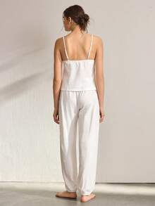 Ocili Conjunto de ropa de estar en casa informal con top de camisola de encaje y pantalones de pierna ancha para mujer - Blanco - Ver 3