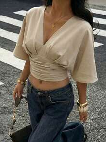 Aloruh 女士纯色V领褶皱时尚衬衫，休闲夏季上衣，套头衫，教师制服，商务休闲装，优雅时尚的V领衬衫，落肩设计，收腰，固定褶皱，显瘦，适合办公室通勤。 - 杏色 - 查看 10