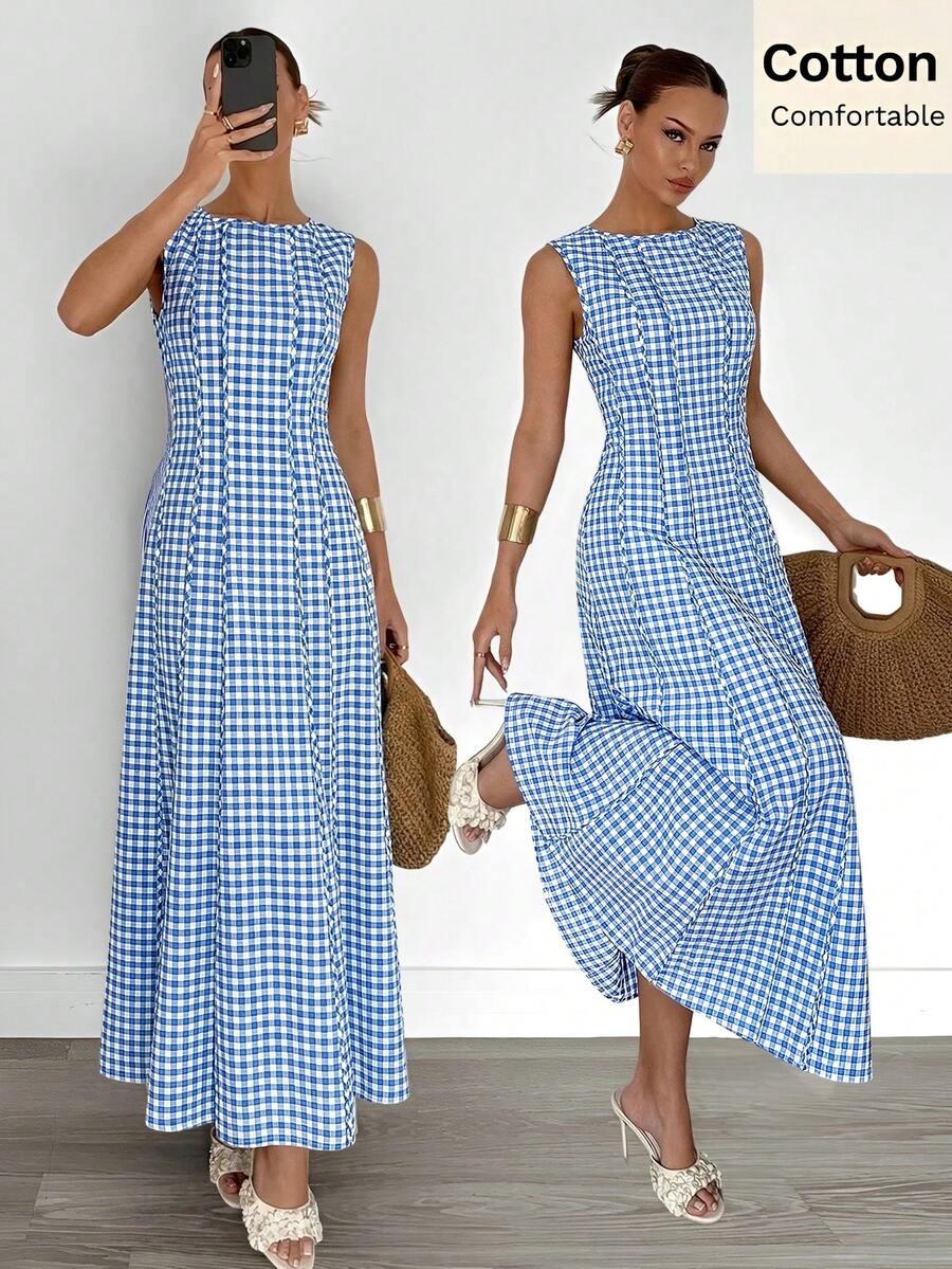 Siren Gaze 夏季新款褶皱无袖A字连衣裙 - 藍色 - 查看 1