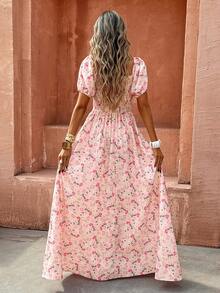 Selianne Đầm chữ A tay phồng, in hoa, thắt eo, màu hồng, thích hợp mặc đi nghỉ mát, mùa xuân/hè. - Nhiều màu - Xem 2