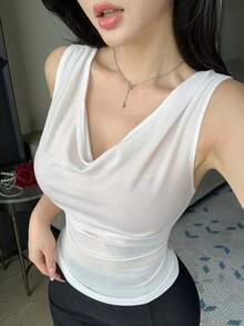 DAZY Áo thun nữ mùa hè, chất liệu hơi mỏng, ôm sát, cổ tròn, kiểu dáng thường ngày. - trắng - Xem 1