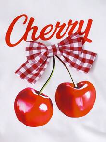 Souflis Souflis 2pcs/Set Young Girl Cherry Print Gingham Bow Decor T-Shirt And Ruffle Trim Gingham Short - Red and White - View 3