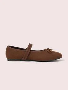 CUCCOO DOLLMOD Ladies Coffee Brown Round Toe Bow Decoration With Buckle Flat Sole Shoes Upper Imitation Suede Material Suitable For Daily Commuting Birthday Parties - Chocolate Brown - View 3
