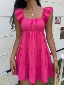 SHEIN Teen Girls Ruched A-Line Casual Vacation Dress - Hot Pink - View 5