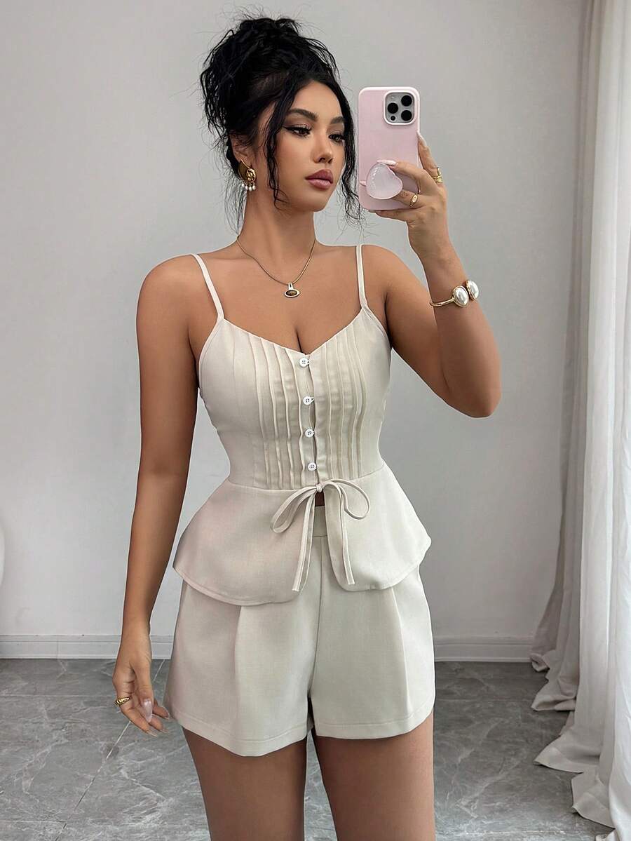 Selianne Bộ đồ công sở thanh lịch dành cho nữ, gồm áo hai dây dáng ôm, dây mảnh, xếp ly, thắt eo phía trước, quần ống rộng cạp cao hai dây, bộ vest thường ngày cổ điển cho nữ mùa xuân/hè, áo hai dây và áo nịt eo thiết yếu cho việc đi làm và du lịch. - Màu be - Xem 1