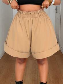Maweii Plus Size Casual Loose A-Line Cuffed Hem Shorts - Khaki - View 1