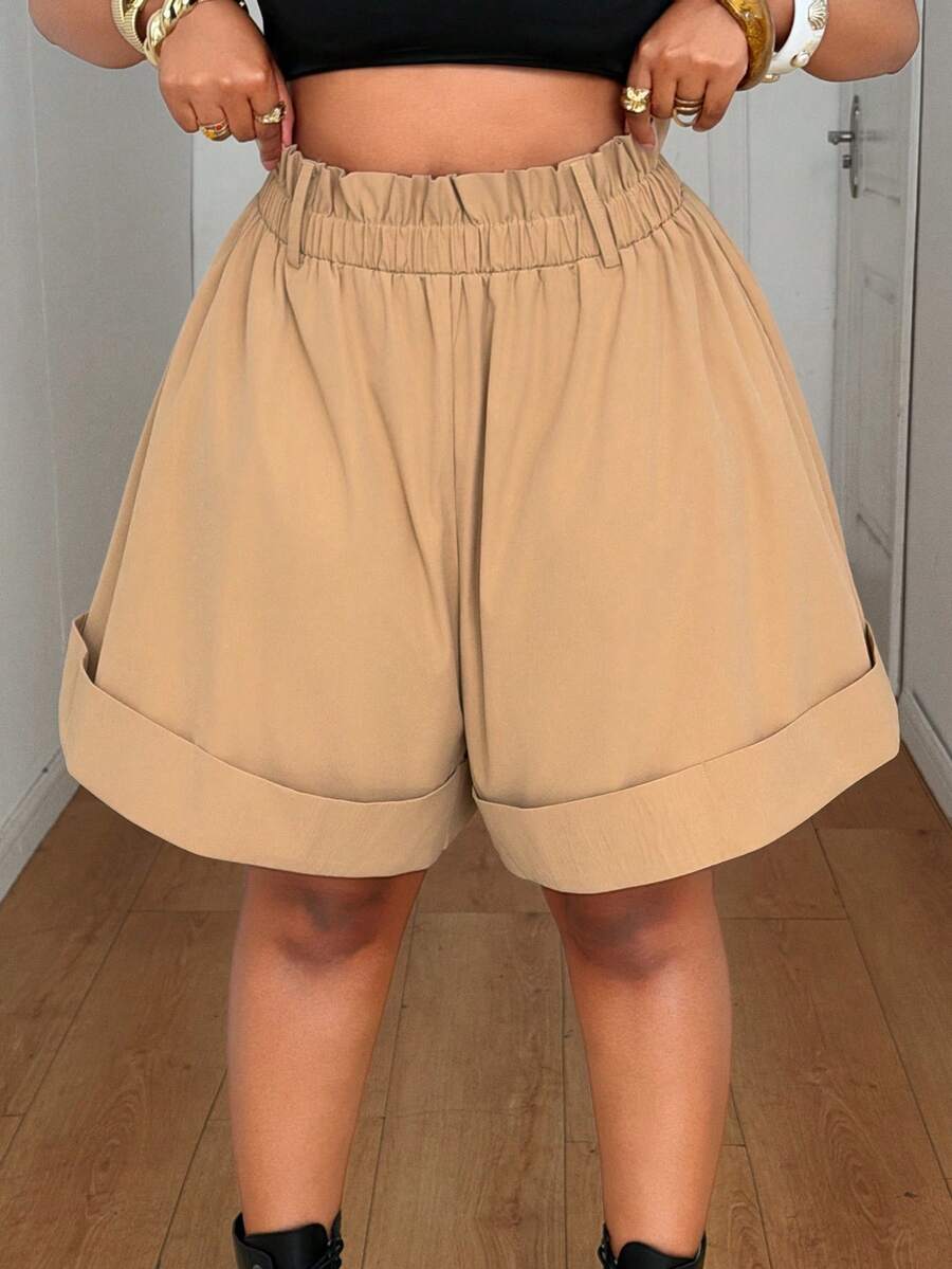 Maweii Plus Size Casual Loose A-Line Cuffed Hem Shorts - Khaki - View 1