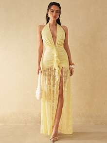 Silquee 女士V领露背高开衩荷叶边蕾丝连衣裙，春夏款 - 黃色 - 查看 1