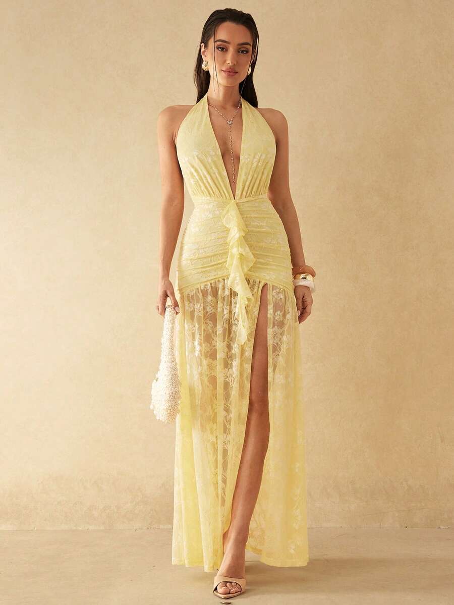 Silquee 女士V领露背高开衩荷叶边蕾丝连衣裙，春夏款 - 黃色 - 查看 1