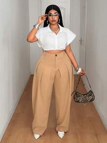 Maweii Plus Size Casual/Business Wide Leg Suit Pants - Khaki - View 6