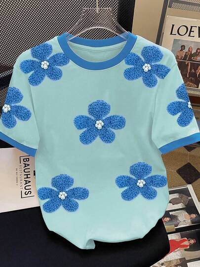 Resyla Camiseta de manga corta de mujer con cuello redondo, estampado floral 3D de perlas falsas, versátil para uso diario casual