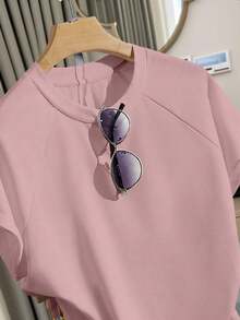 Resyla Plus Size Women Summer Casual Outfit, Solid Color T-Shirt And Shorts Set, Versatile Daily Wear - Pink - View 7