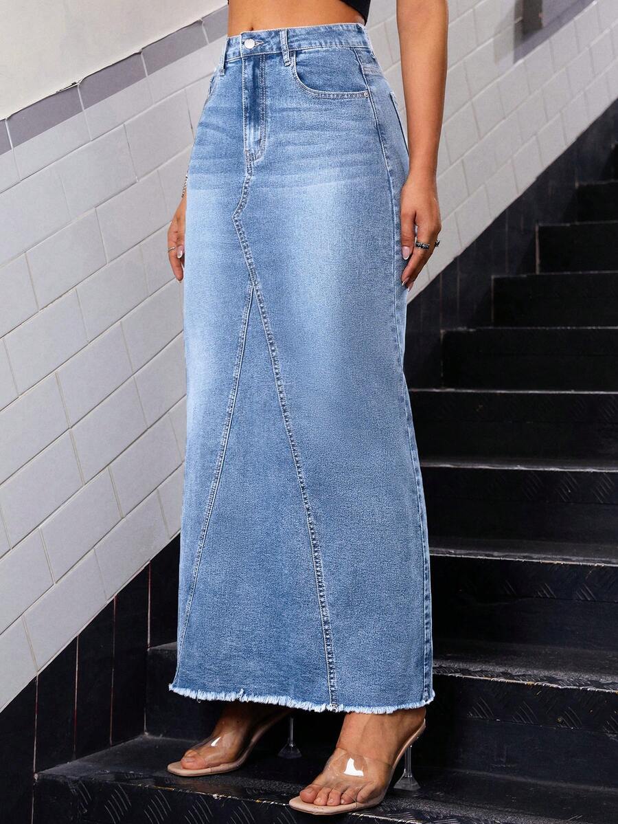 SHEIN ICON Chân váy denim ngắn nữ có túi, cúc cài, gấu váy tua rua, kiểu dáng thường ngày, đa năng, thích hợp cho hẹn hò và đi chơi. - Rửa nhẹ - Xem 1