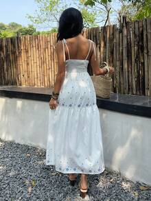 SHEIN SunnyBelle Đầm không tay cổ chữ V in họa tiết xanh trắng, phong cách thường ngày dành cho nữ, thích hợp cho kỳ nghỉ xuân/hè. - Xanh và trắng - Xem 2