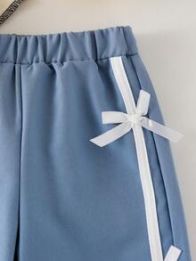 Genkimix Kids 两件套女童针织圆领亮片樱桃印花T恤搭配针织蝴蝶结腰带裤，运动时尚休闲套装 - 白色 - 查看 4