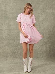 WESTFADE Light Pink Summer Casual Cute Sweet Everyday Bow Shoulder Puff Sleeve Babydoll Mini Dress Festival Vacation Beach Brunch 4th Of July Tennis Country - Pink - View 3