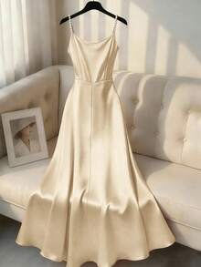 SHEIN Franclia New Rhinestone Decor Spaghetti Strap Slim Fit Dress For Women, Spring/Summer - Apricot - View 2