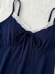 SHEIN 少女撞色蕾丝前系带荷叶边吊带背心 - 藏蓝色 - 查看 7