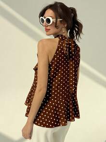 Aloruh Camiseta ajustada con volantes y estampado de lunares bohemio retro para mujer - Café integral - Ver 2