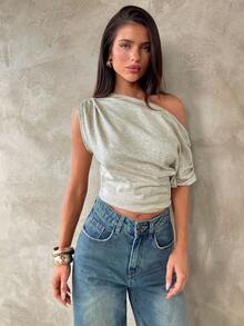 Aloruh 女士休闲不对称T恤，褶皱纯色T恤，适合日常、通勤和居家穿着，雪纺不对称袖子、不对称肩部设计、褶皱腰部，舒适柔软，春夏款 - 杏色 - 查看 7